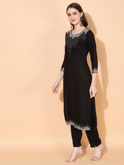 Ethnic Embroidered Straight Kurta with Pants & Dupatta - Black