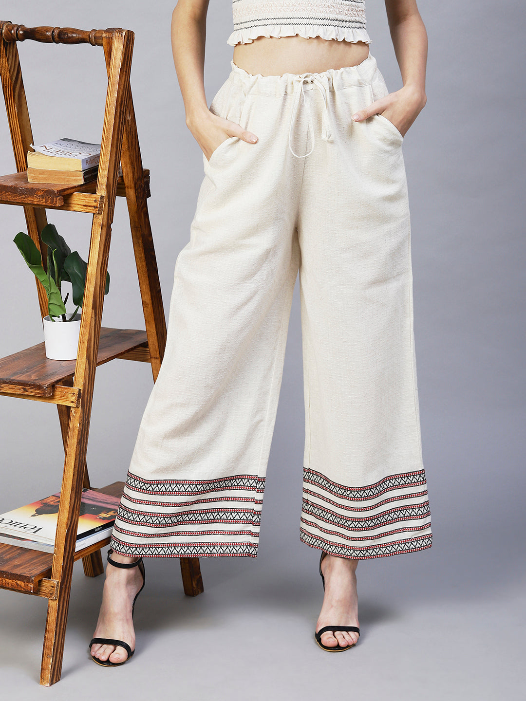 Solid Ethnic Woven Straight Fit Palazzo - Off White