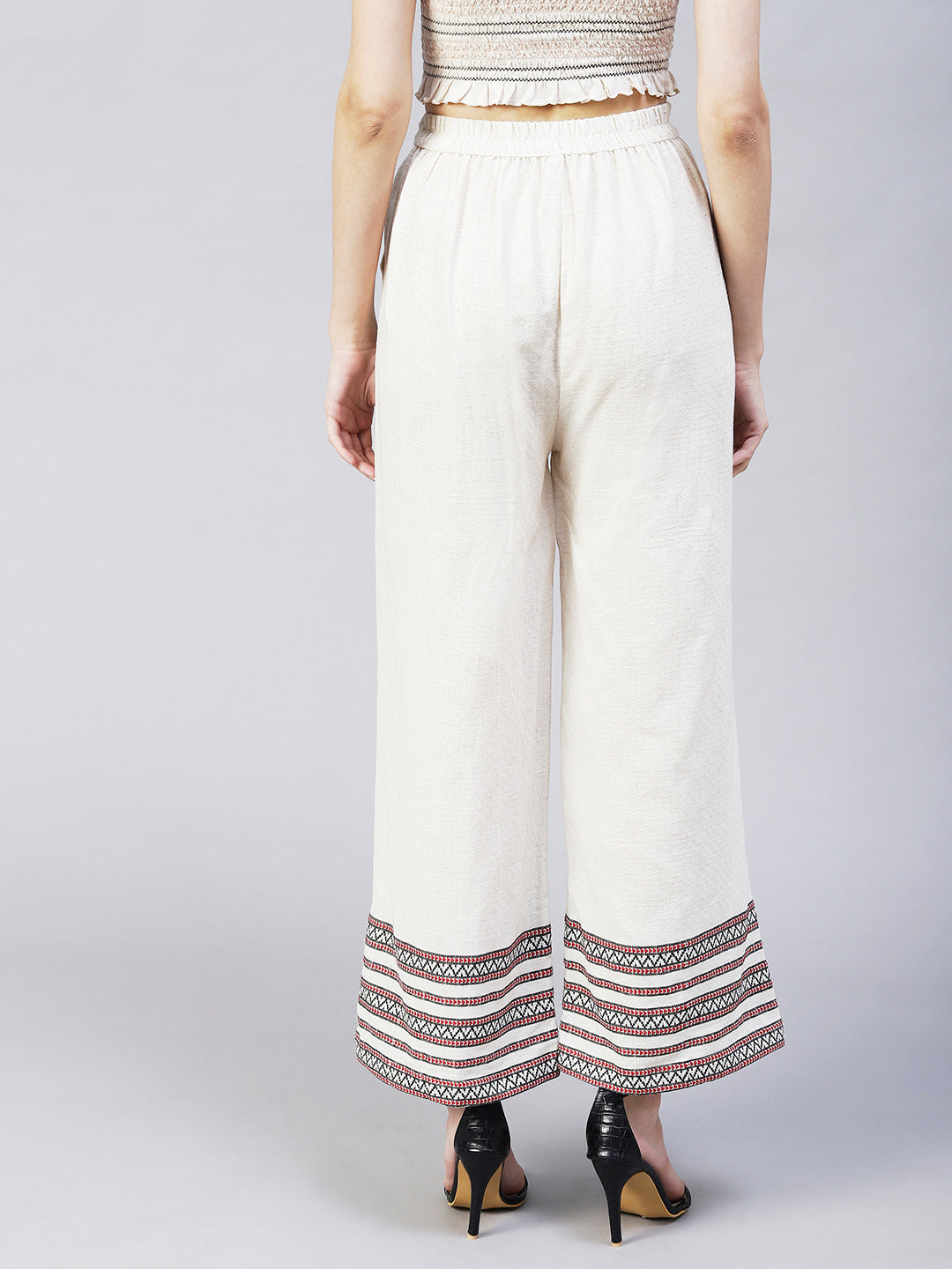 Solid Ethnic Woven Straight Fit Palazzo - Off White