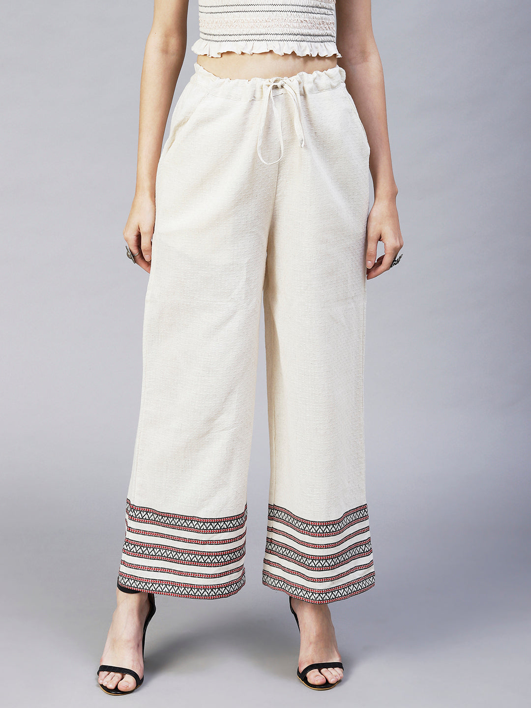 Solid Ethnic Woven Straight Fit Palazzo - Off White