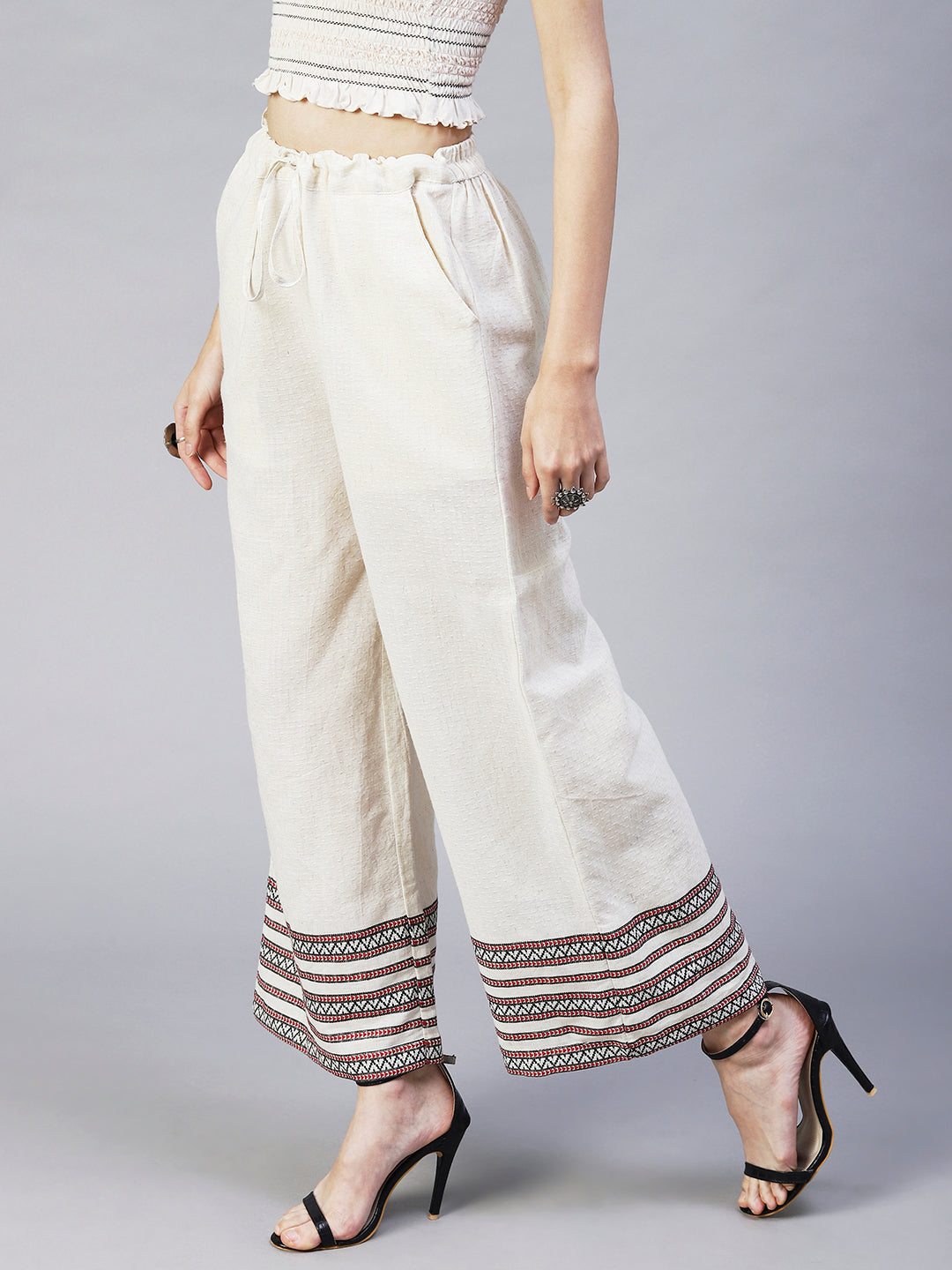 Solid Ethnic Woven Straight Fit Palazzo - Off White