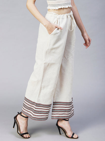 Solid Ethnic Woven Straight Fit Palazzo - Off White