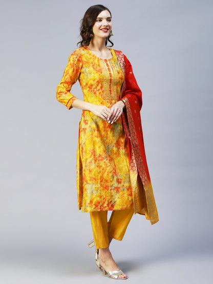 Ethnic Printed & Embroidered Straight Fit Kurta & Dupatta - Yellow