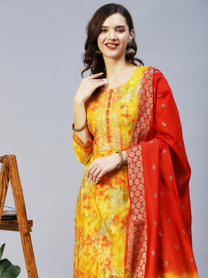 Ethnic Printed & Embroidered Straight Fit Kurta & Dupatta - Yellow