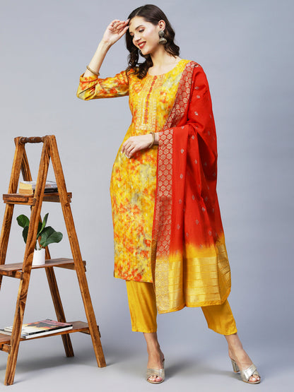 Ethnic Printed & Embroidered Straight Fit Kurta & Dupatta - Yellow