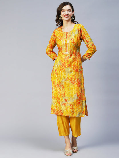 Ethnic Printed & Embroidered Straight Fit Kurta & Dupatta - Yellow