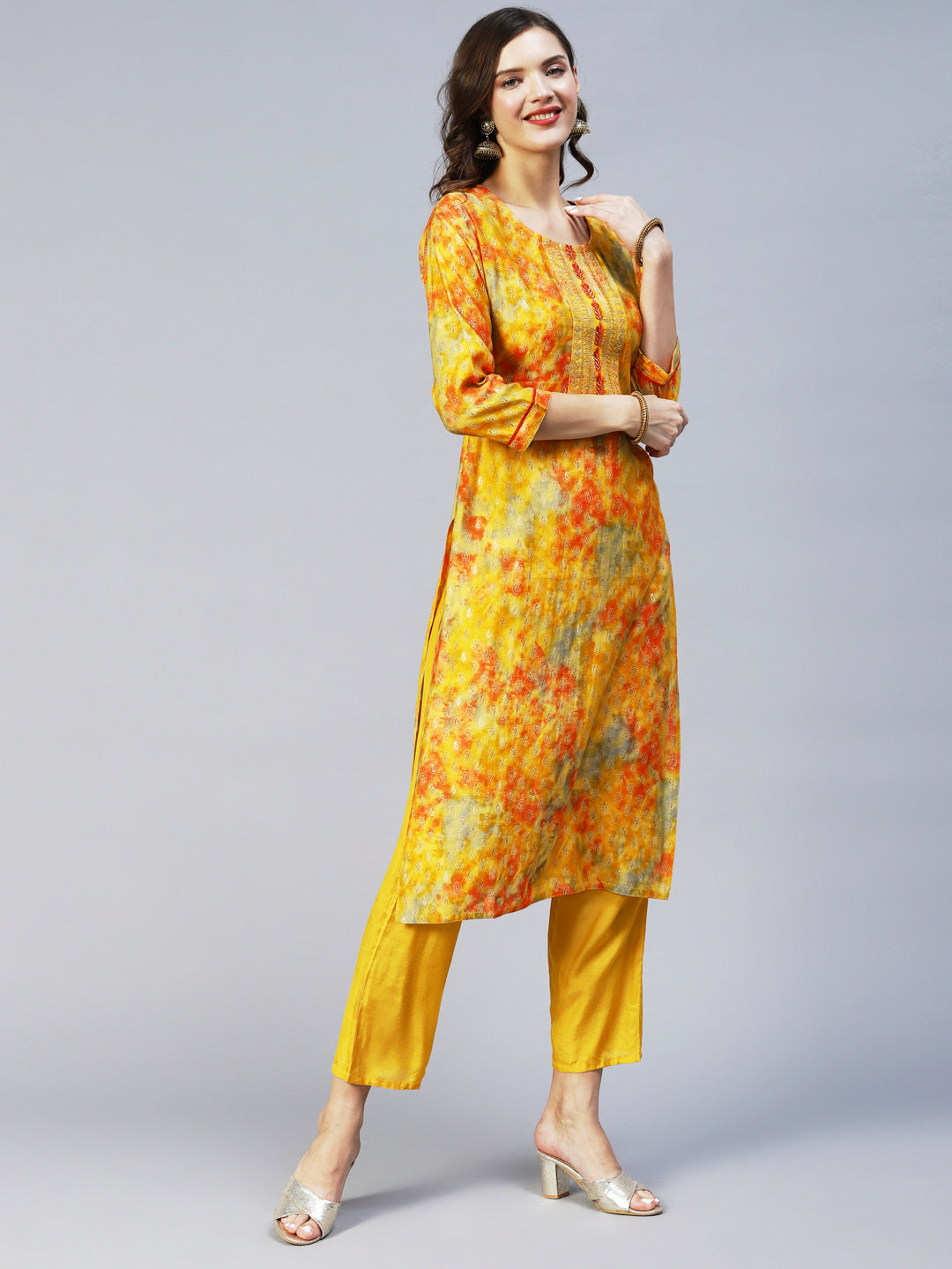 Ethnic Printed & Embroidered Straight Fit Kurta & Dupatta - Yellow