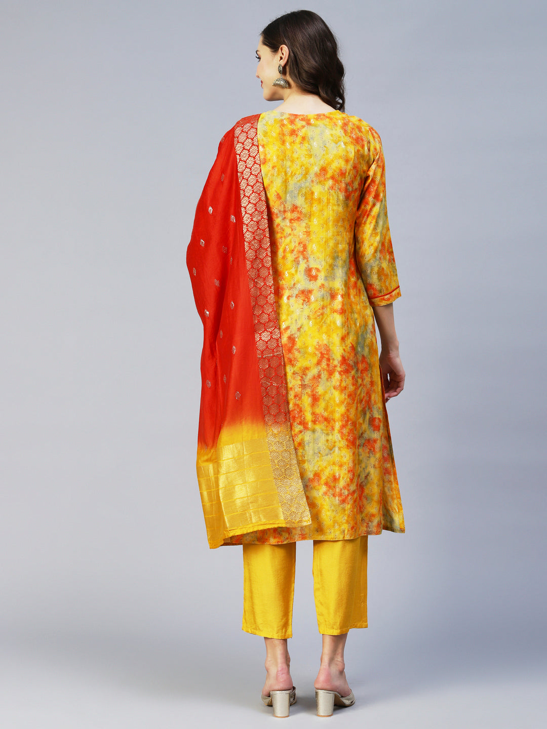 Ethnic Printed & Embroidered Straight Fit Kurta & Dupatta - Yellow