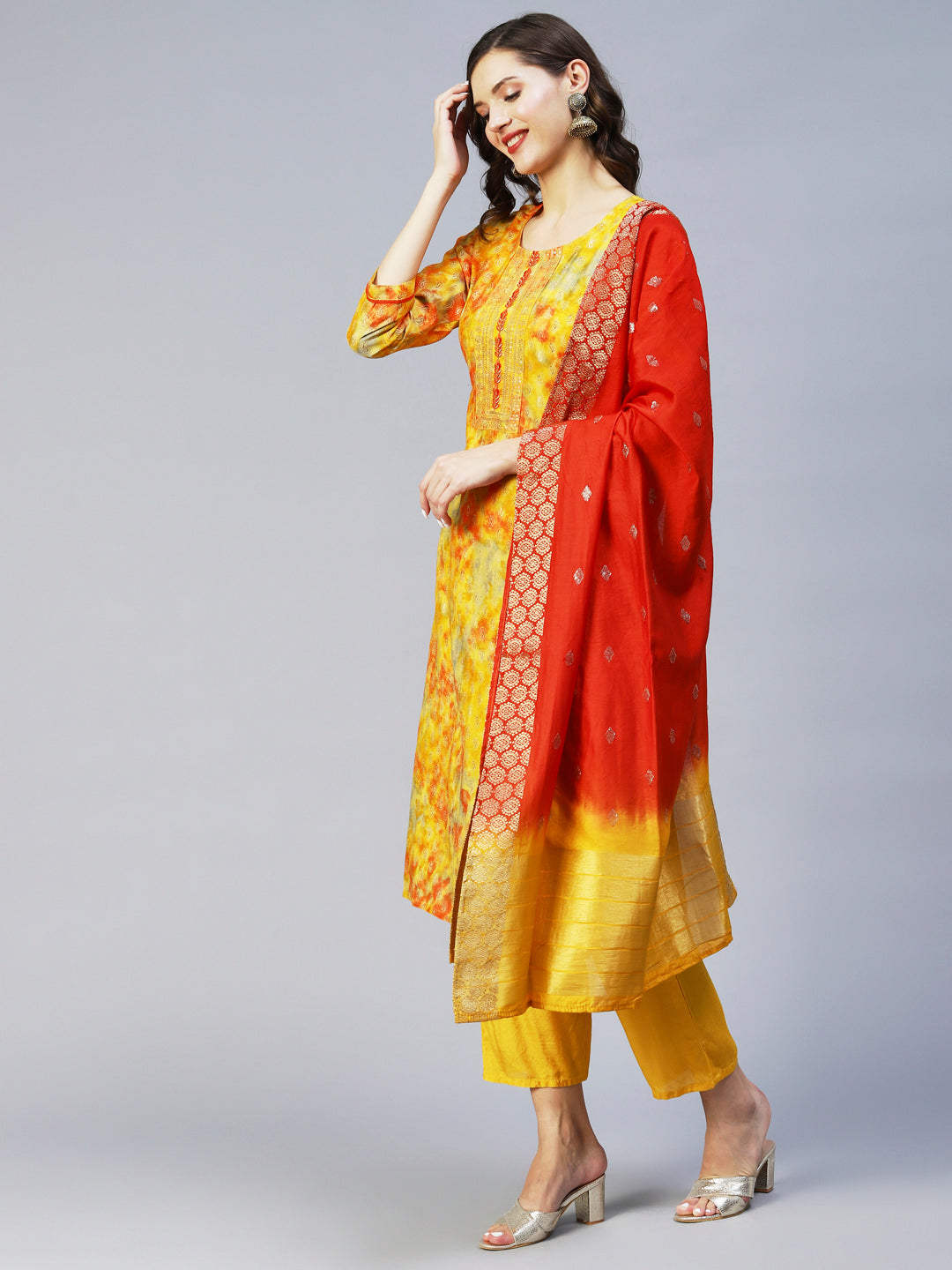 Ethnic Printed & Embroidered Straight Fit Kurta & Dupatta - Yellow