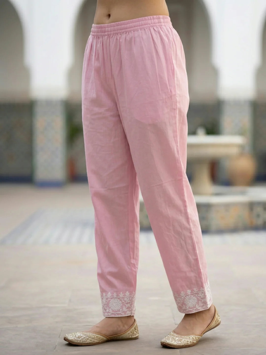 Solid Chikankari Embroidered Straight Kurta with Palazzo & Dupatta - Pink