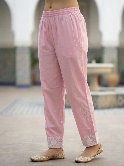 Solid Chikankari Embroidered Straight Kurta with Palazzo & Dupatta - Pink