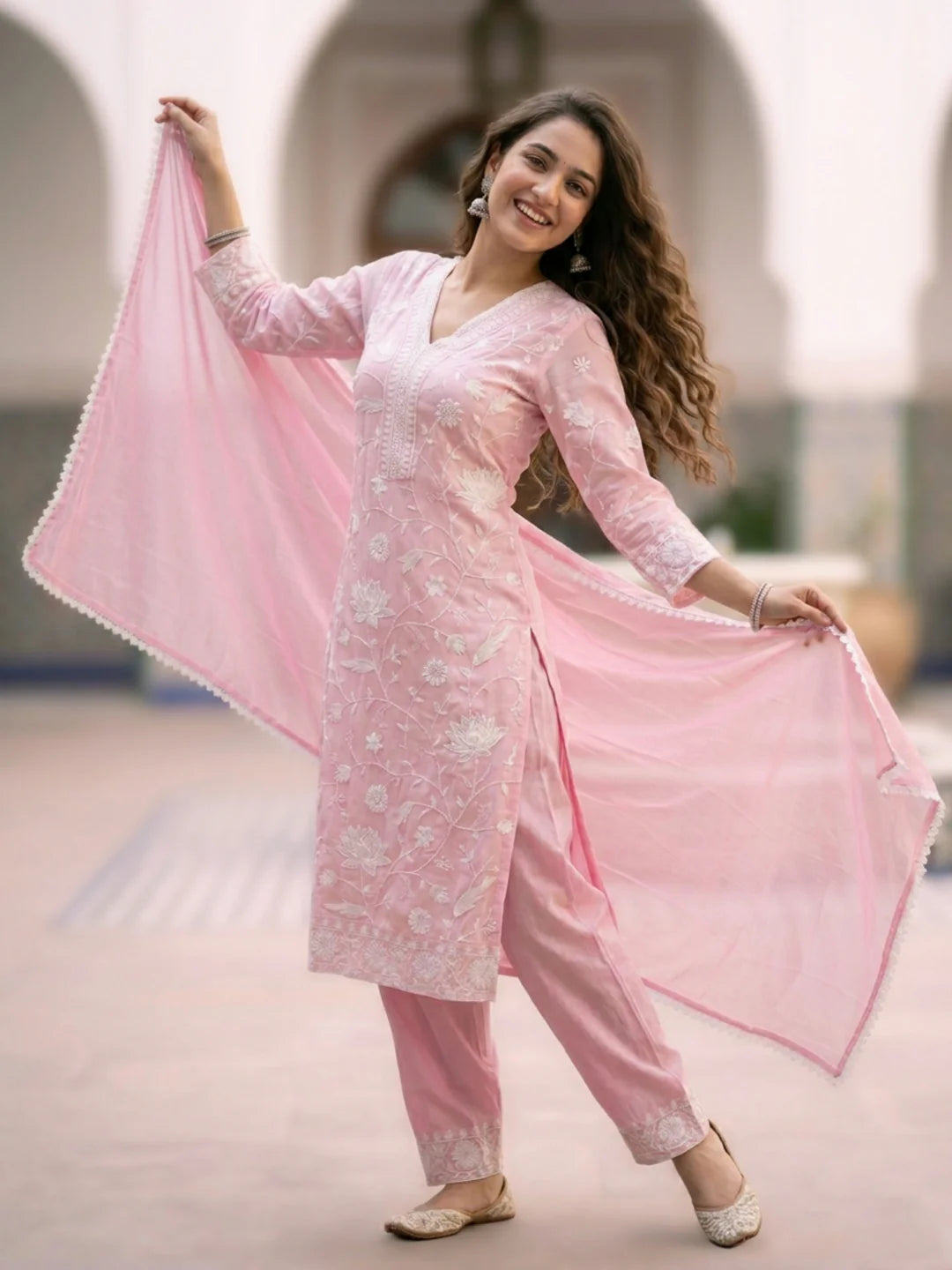 Solid Chikankari Embroidered Straight Kurta with Palazzo & Dupatta - Pink
