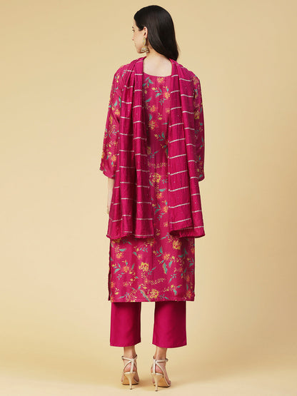 Floral Printed & Hand Embroidered Straight Fit Kurta with Pant & Dupatta - Pink