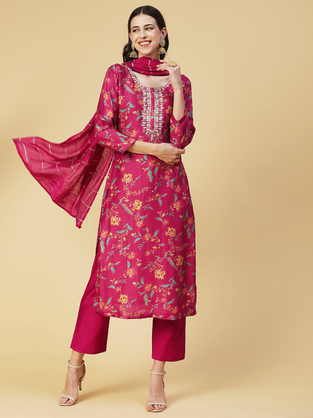 Floral Printed & Hand Embroidered Straight Fit Kurta with Pant & Dupatta - Pink