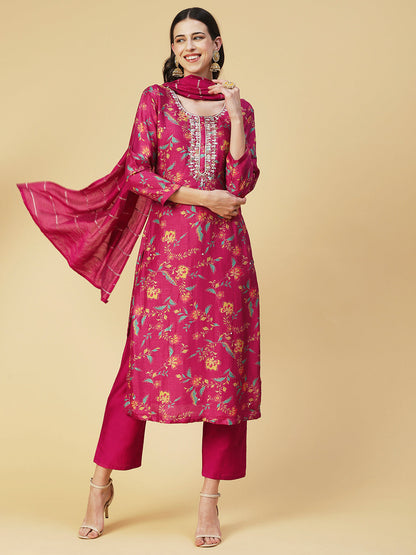 Floral Printed & Hand Embroidered Straight Fit Kurta with Pant & Dupatta - Pink