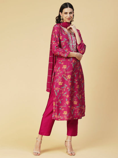 Floral Printed & Hand Embroidered Straight Fit Kurta with Pant & Dupatta - Pink