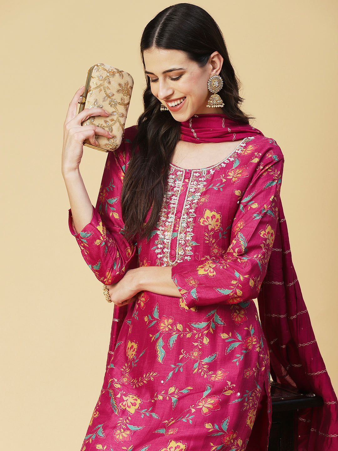 Floral Printed & Hand Embroidered Straight Fit Kurta with Pant & Dupatta - Pink