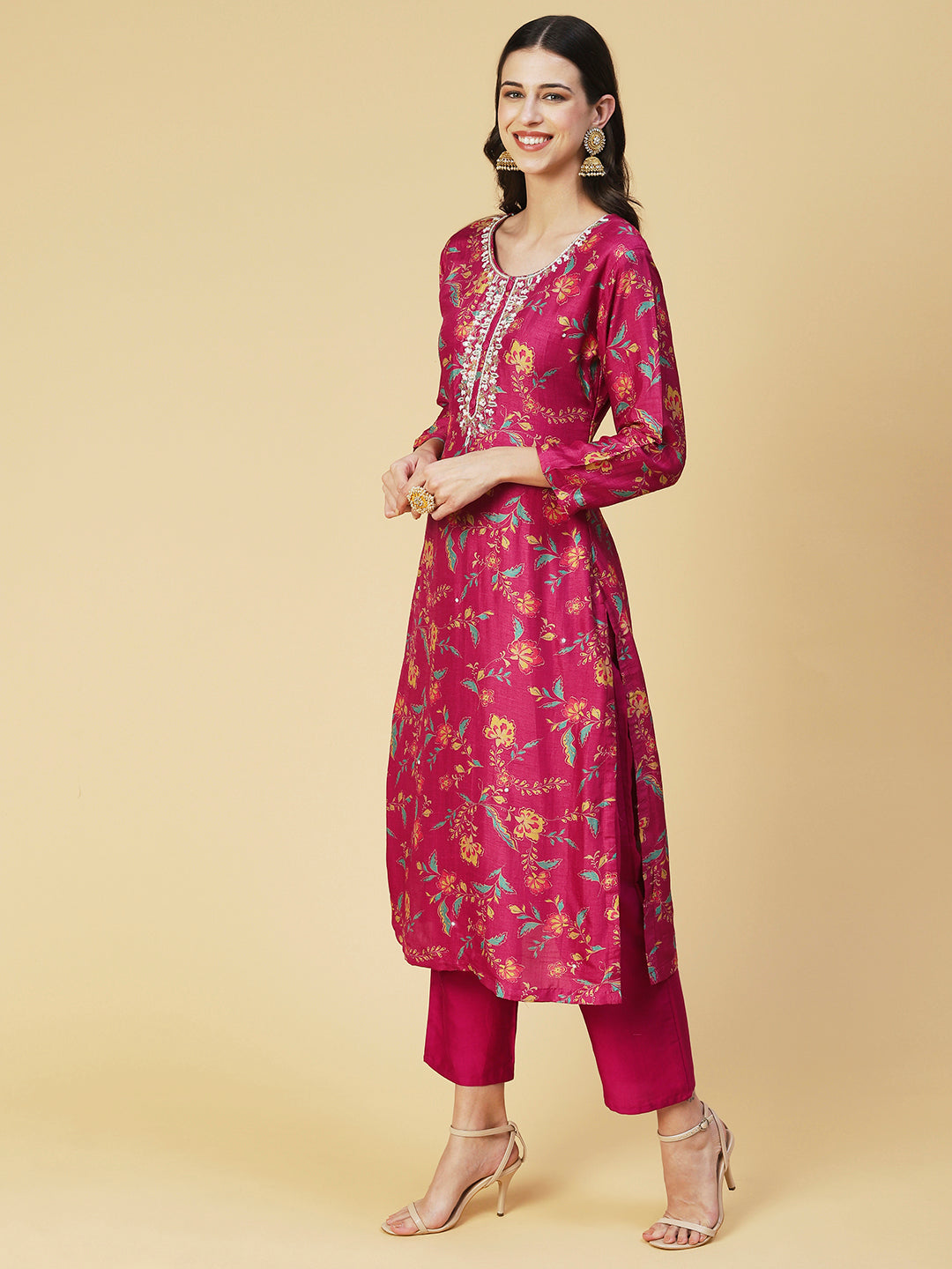 Floral Printed & Hand Embroidered Straight Fit Kurta with Pant & Dupatta - Pink