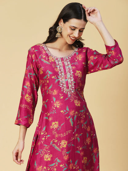 Floral Printed & Hand Embroidered Straight Fit Kurta with Pant & Dupatta - Pink