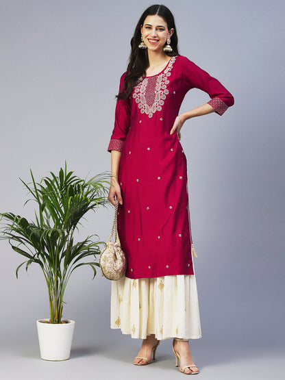 Solid Resham & Beads Embroidered Kurta - Red