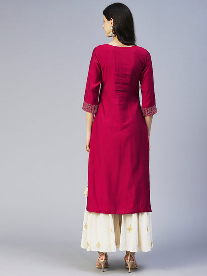 Solid Resham & Beads Embroidered Kurta - Red