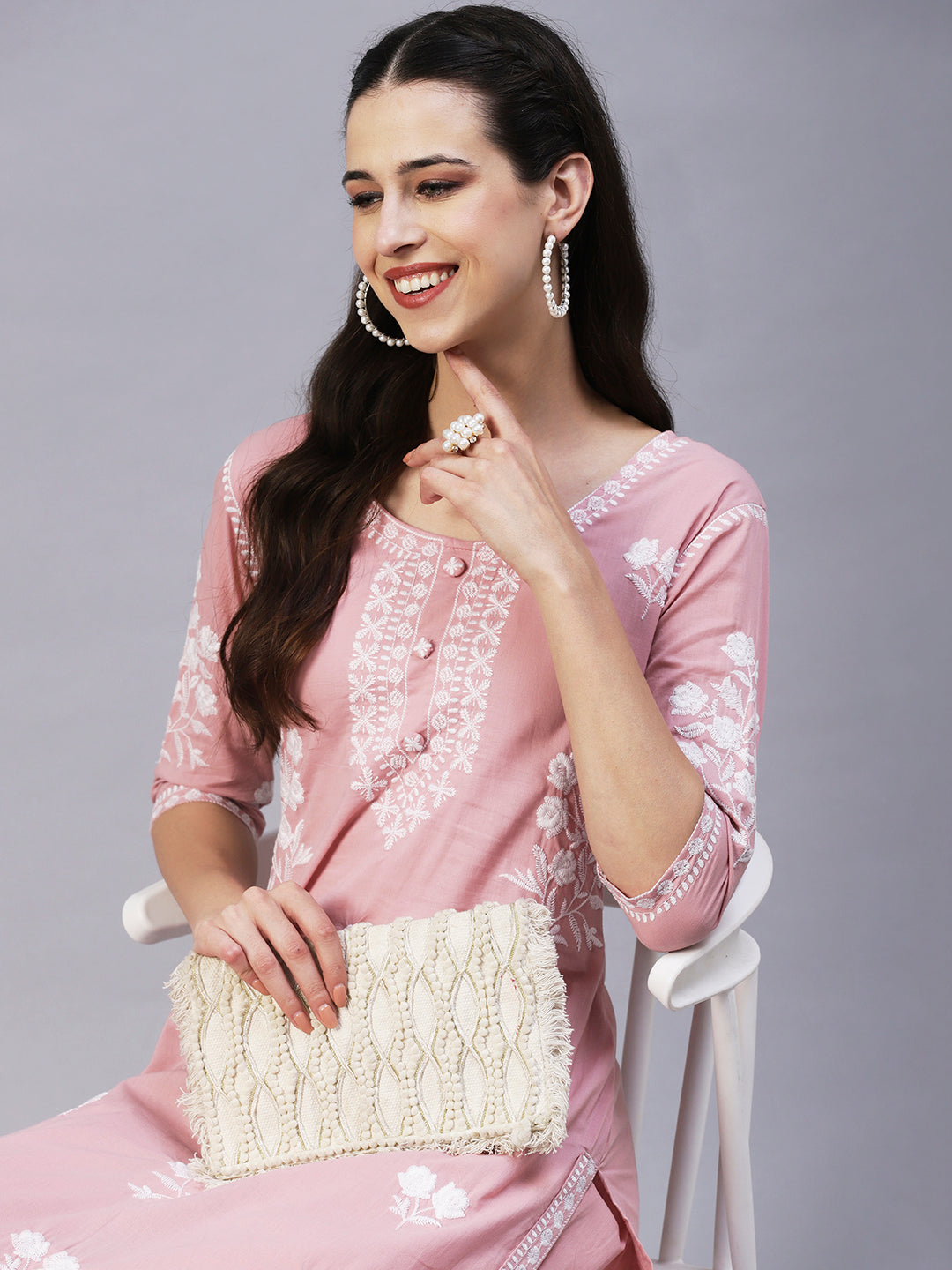 Solid Resham Floral Embroidered Kurta With Pants - Rose Pink