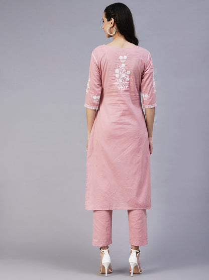 Solid Resham Floral Embroidered Kurta With Pants - Rose Pink