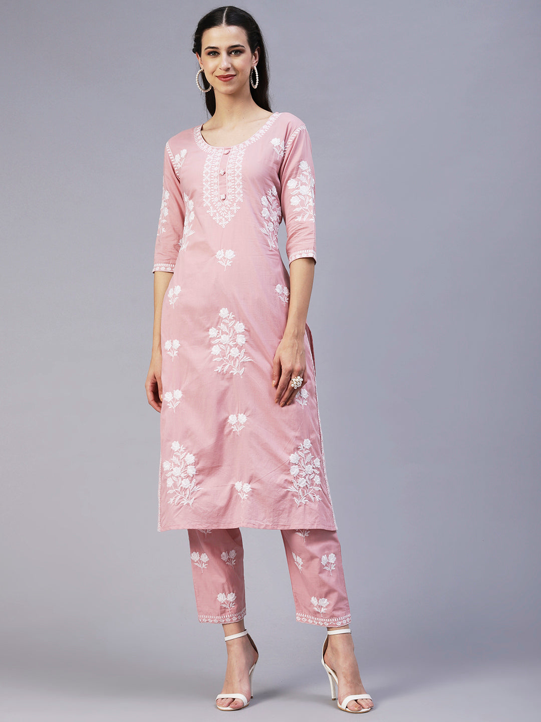 Solid Resham Floral Embroidered Kurta With Pants - Rose Pink