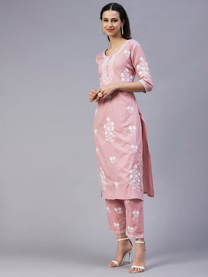 Solid Resham Floral Embroidered Kurta With Pants - Rose Pink