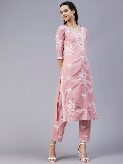 Solid Resham Floral Embroidered Kurta With Pants - Rose Pink