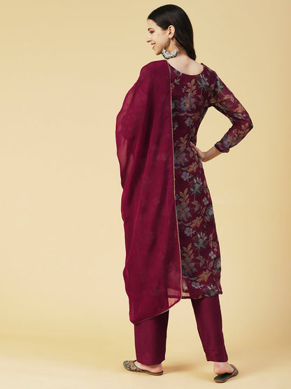 Floral Printed Hand Embroidered Kurta With Pants & Dupatta - Maroon