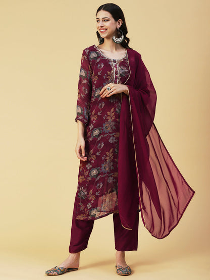 Floral Printed Hand Embroidered Kurta With Pants & Dupatta - Maroon