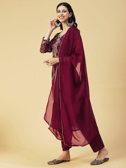 Floral Printed Hand Embroidered Kurta With Pants & Dupatta - Maroon