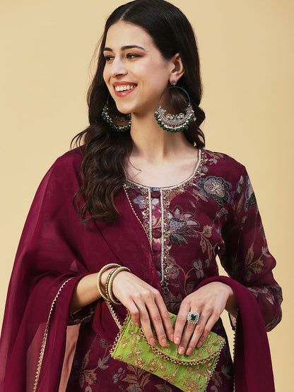 Floral Printed Hand Embroidered Kurta With Pants & Dupatta - Maroon