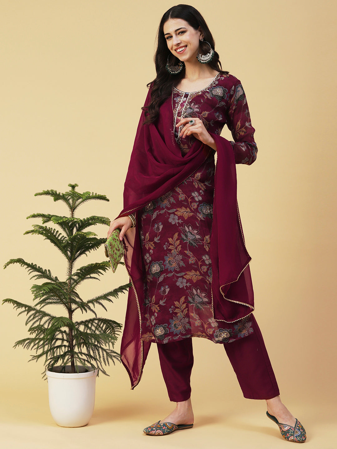 Floral Printed Hand Embroidered Kurta With Pants & Dupatta - Maroon