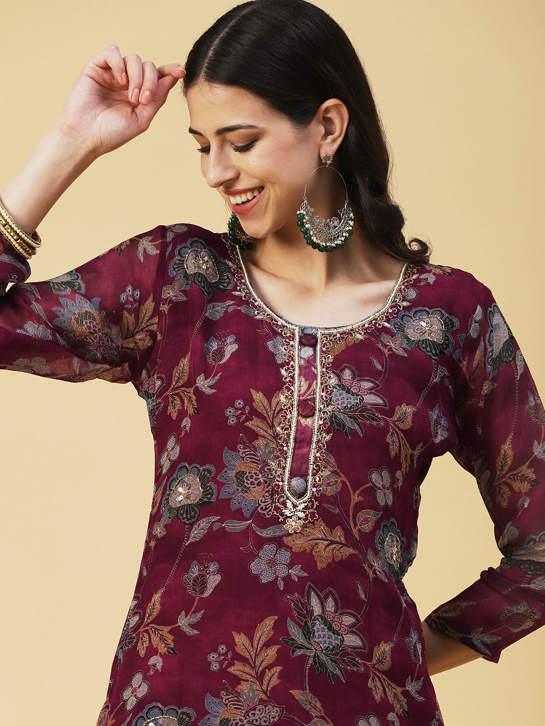 Floral Printed Hand Embroidered Kurta With Pants & Dupatta - Maroon