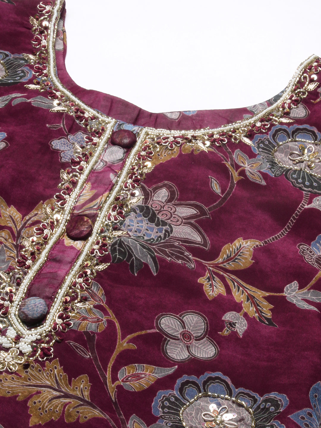 Floral Printed Hand Embroidered Kurta With Pants & Dupatta - Maroon