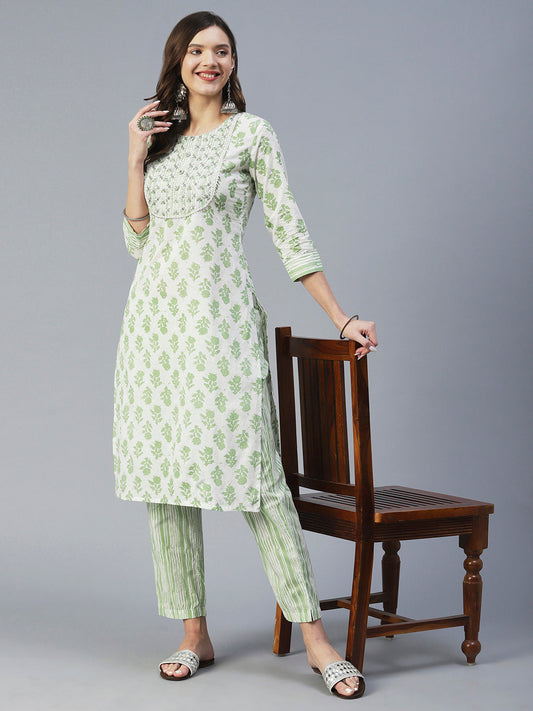 Floral Printed Mirror & Zari Embroidered Kurta With Striped Pants - Green