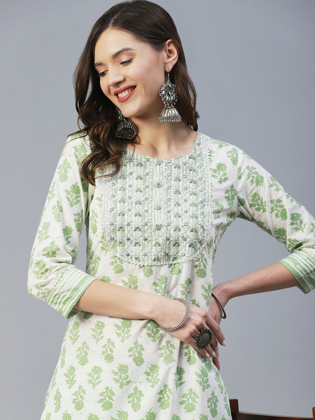 Floral Printed Mirror & Zari Embroidered Kurta With Striped Pants - Green