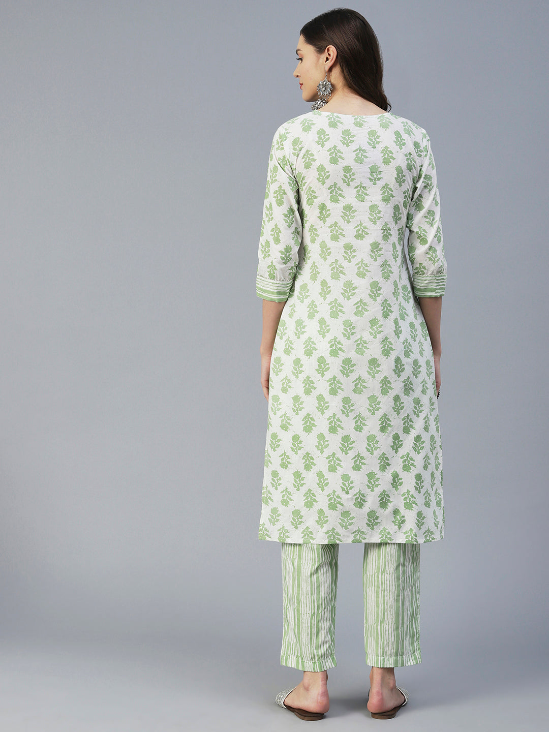 Floral Printed Mirror & Zari Embroidered Kurta With Striped Pants - Green