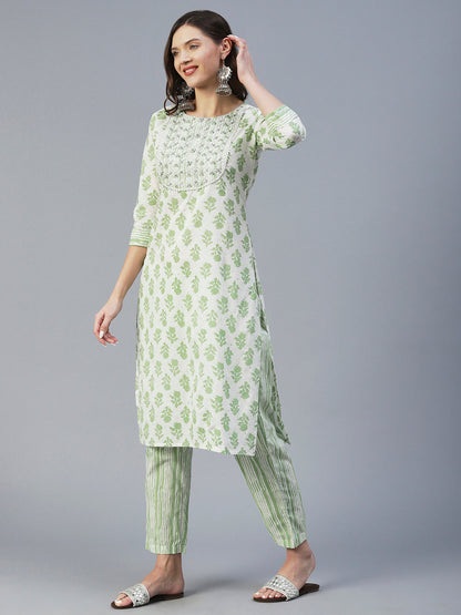 Floral Printed Mirror & Zari Embroidered Kurta With Striped Pants - Green