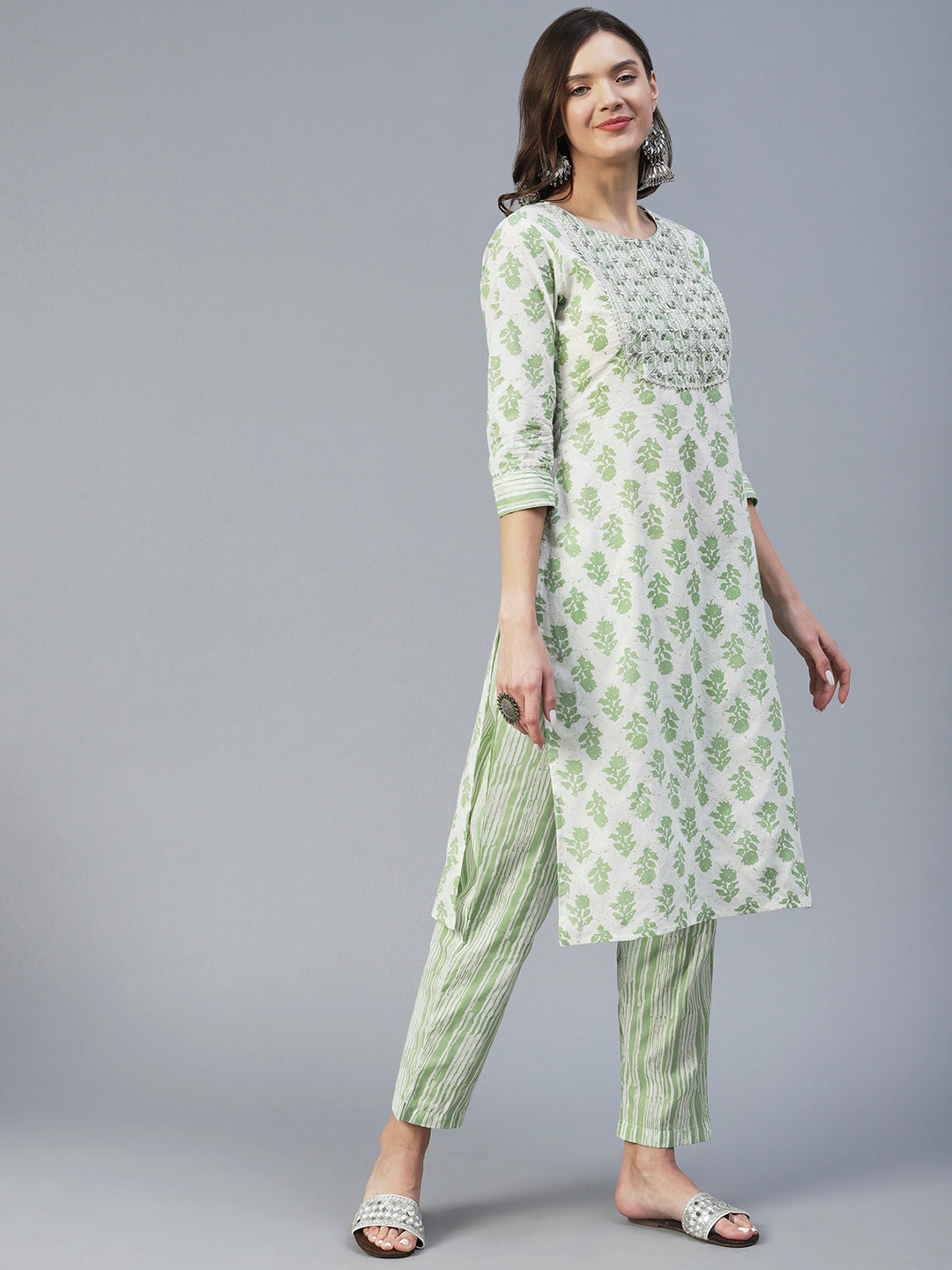 Floral Printed Mirror & Zari Embroidered Kurta With Striped Pants - Green