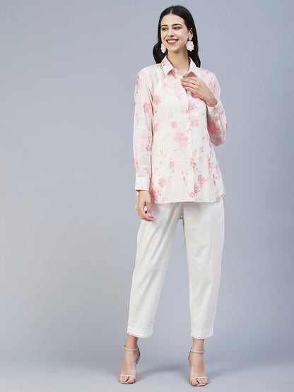 Floral Embroidered Straight Fit Shirt with Pant - Off White