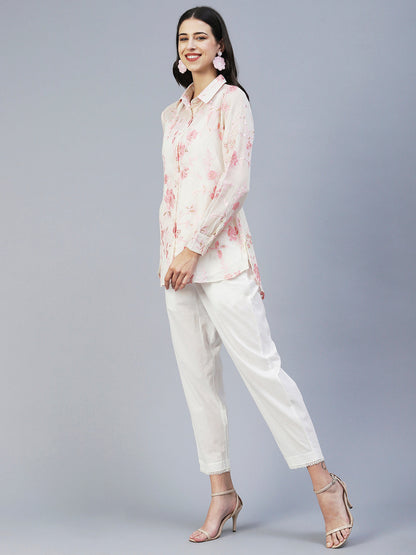 Floral Embroidered Straight Fit Shirt with Pant - Off White