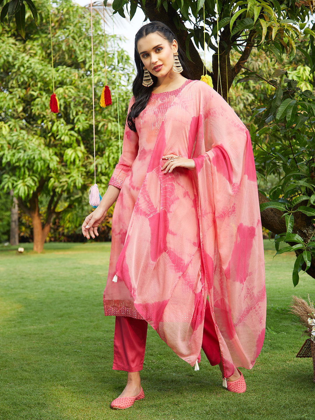 Abstract Printed & Embroidered Straight Kurta with Pants & Dupatta - Peach