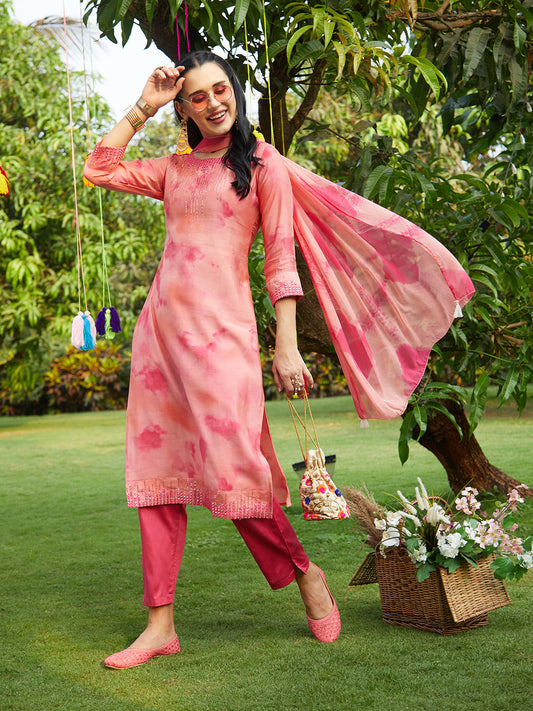 Abstract Printed & Embroidered Straight Kurta with Pants & Dupatta - Peach