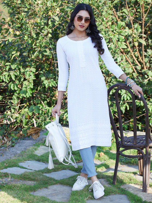 Chikankari Embroidered Straight Fit Kurta - White