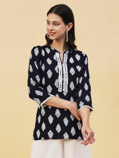 Ethnic Printed Mirror Embroidered Short Kurti - Navy Blue