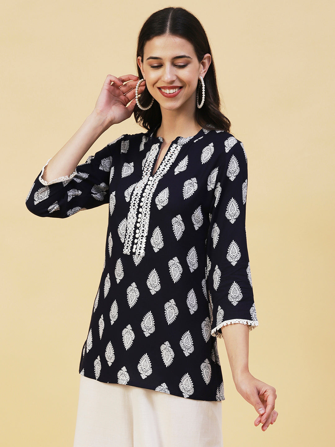 Ethnic Printed Mirror Embroidered Short Kurti - Navy Blue