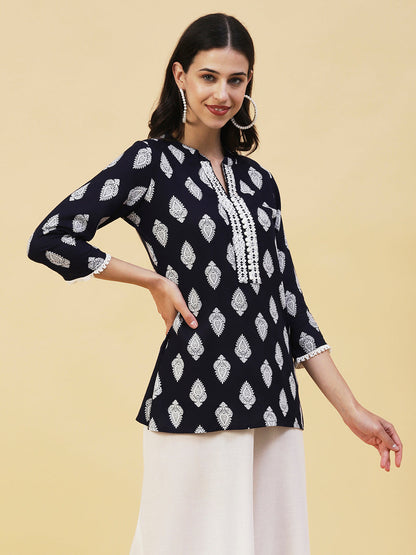 Ethnic Printed Mirror Embroidered Short Kurti - Navy Blue